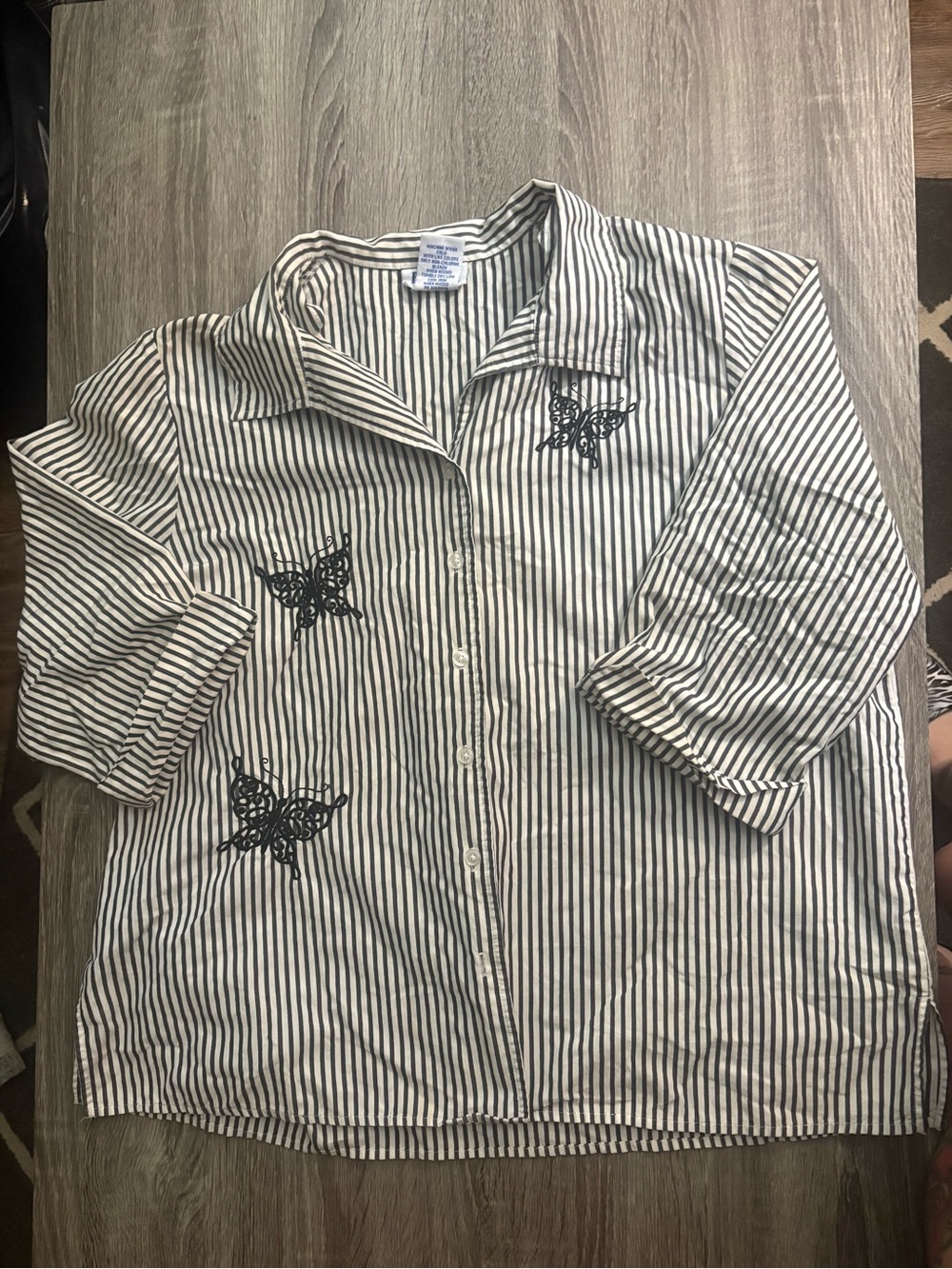 Blair White & Black Striped Button-Down Shirt with Butterfly Motif